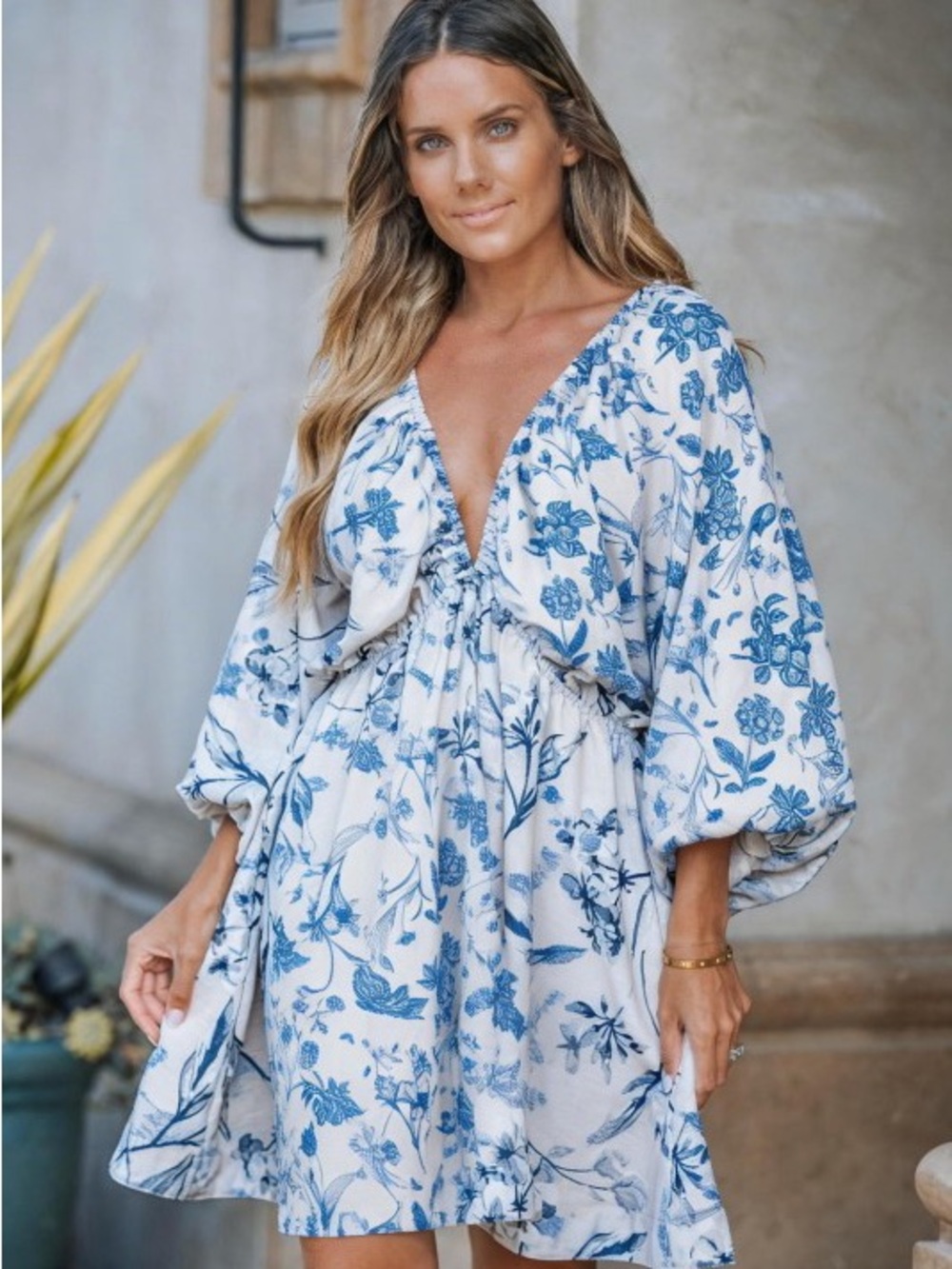 Blue Floral V-Neck Smock Dress